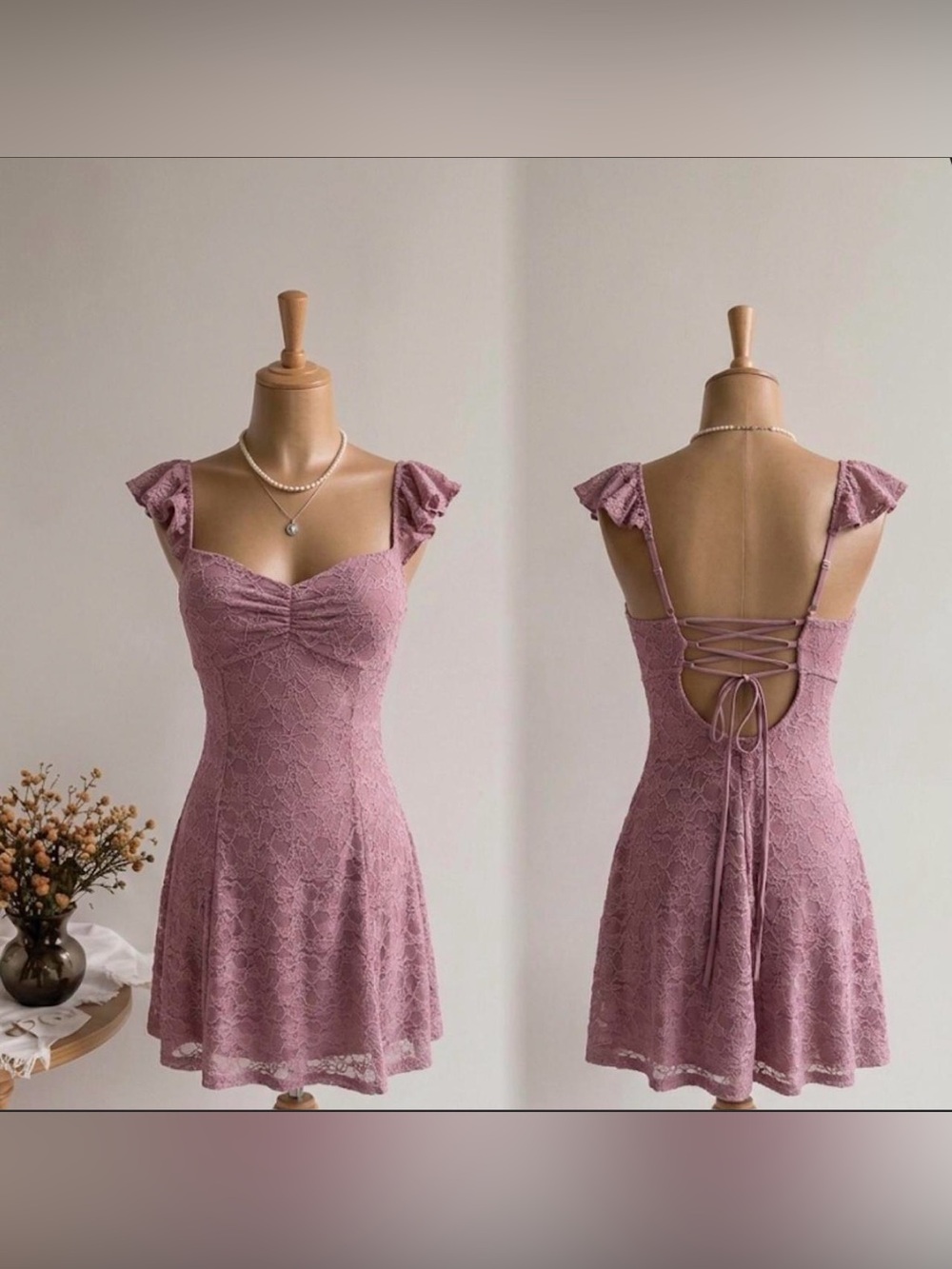 Romantic Lace Backless Mini Dress in Dusty Mauve